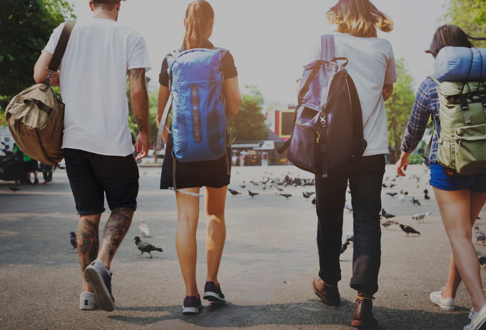 Group of travelers walking outdoors